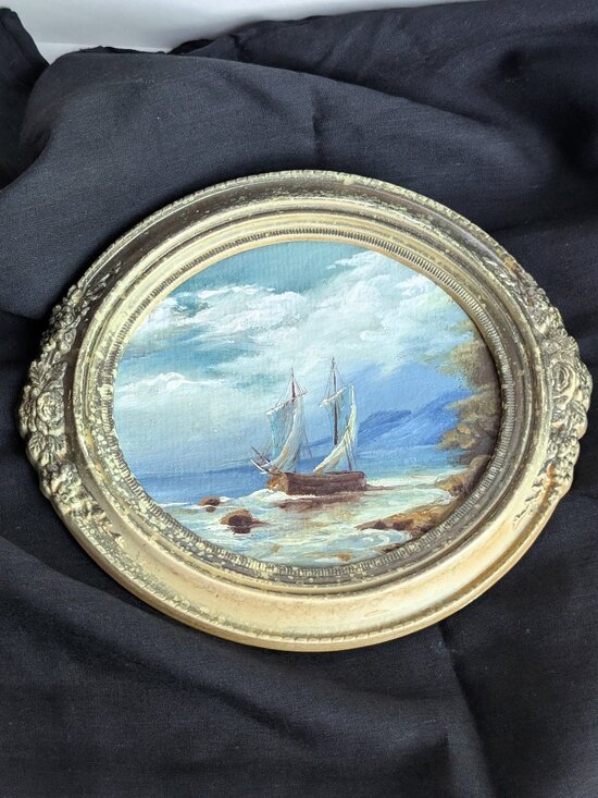 Other - Vintage Oval Framed Oil Painting Ocean Sailboat Vintage Seascape Art Painting 8"